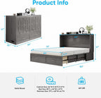 Mjkone Murphy Bed with Folding Mattress, Queen Size Cabinet Bed with USB Charging Station & Large Drawers, Cube Cabinet Beds for Guest Room, Home, Office (Grey)