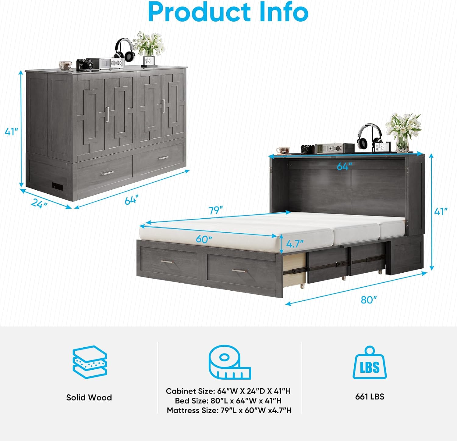 Mjkone Murphy Bed with Folding Mattress, Queen Size Cabinet Bed with USB Charging Station & Large Drawers, Cube Cabinet Beds for Guest Room, Home, Office (Grey)