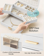 Vlando 3 Layer Jewelry Box - Women Jewelry Box with Retractable Tray - Jewelry Organizers with Drawer for Necklaces, Rings, Bracelets, Earrings, Gift for Couples Mom Girls - White