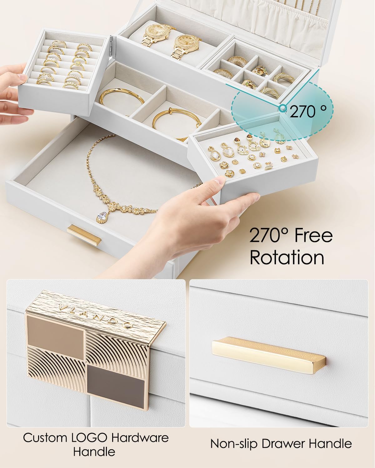 Vlando 3 Layer Jewelry Box - Women Jewelry Box with Retractable Tray - Jewelry Organizers with Drawer for Necklaces, Rings, Bracelets, Earrings, Gift for Couples Mom Girls - White