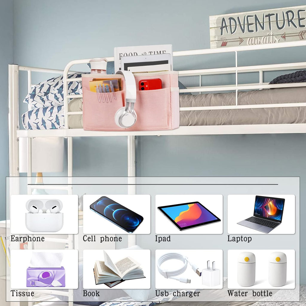 Bedside Caddy Bedside Storage Organizer Hanging Bunk Bed Dorm Room with Side Pockets for Water Bottles, Books, Cell Phones, Headphones (Pink)