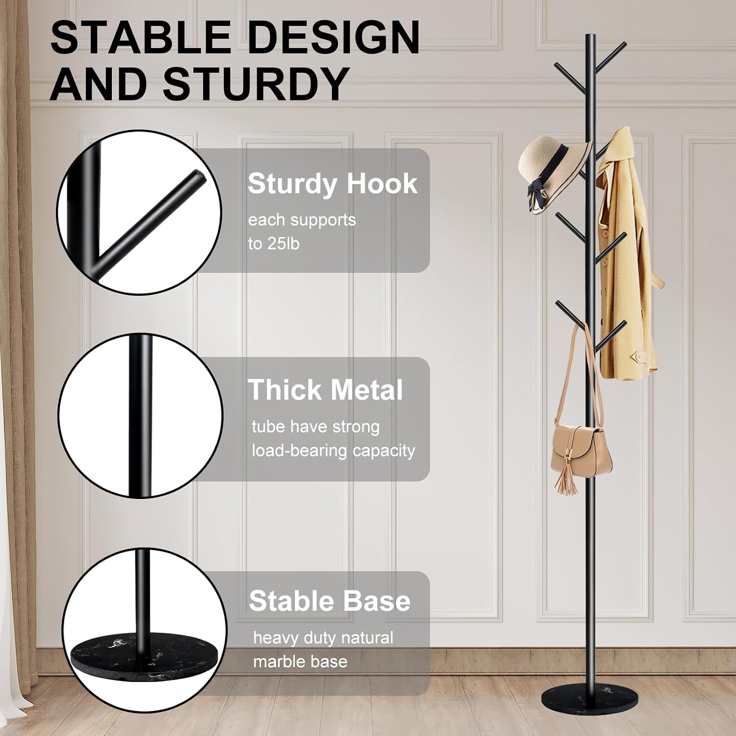 Coat Rack with Natural Marble Base, Metal Freestanding Coat Rack with 8 Hooks, Heavy Duty Coat Hanger Stand for Entryway, Office, Bedroom,Dorm for Coats, Hats, Handbags and Scarves(Black)