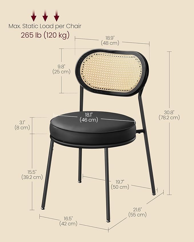 VASAGLE Dining Chairs, Set of 6 Accent Chair for Dining Room Kitchen, with Boho PE Rattan Back, Synthetic Leather Upholstery, Ink Black ULDC160B26