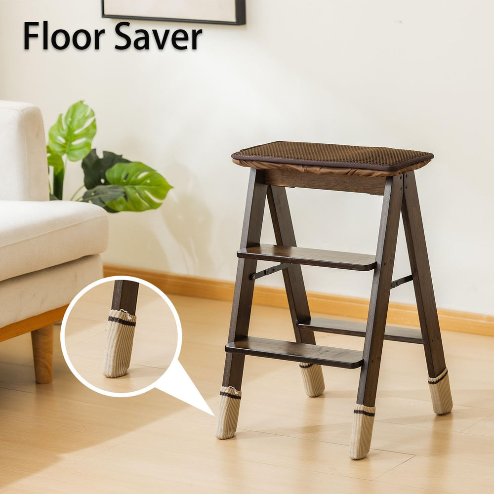 Latifolia Foldable 3 Step Ladder, Bamboo Step Stool with Floor Saver, Decorat...