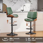 Swivel Bar Stools Set of 2, Adjustable Bentwood Barstools for Kitchen Counter, Modern PU Leather Upholstered Bar Chair with Back and Footrest, for Kitchen Island, Bar, Dining Room, Green