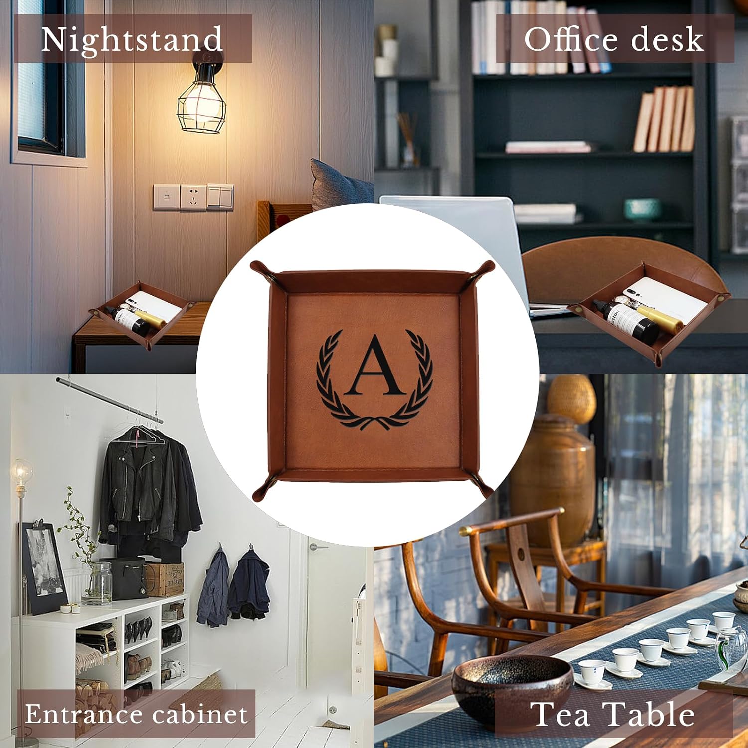 Personalized Leather Valet Tray Engraved Initials Key Tray Nightstand Organizer Valentines Day Birthday for Men Dad Husband Boyfriend (M)