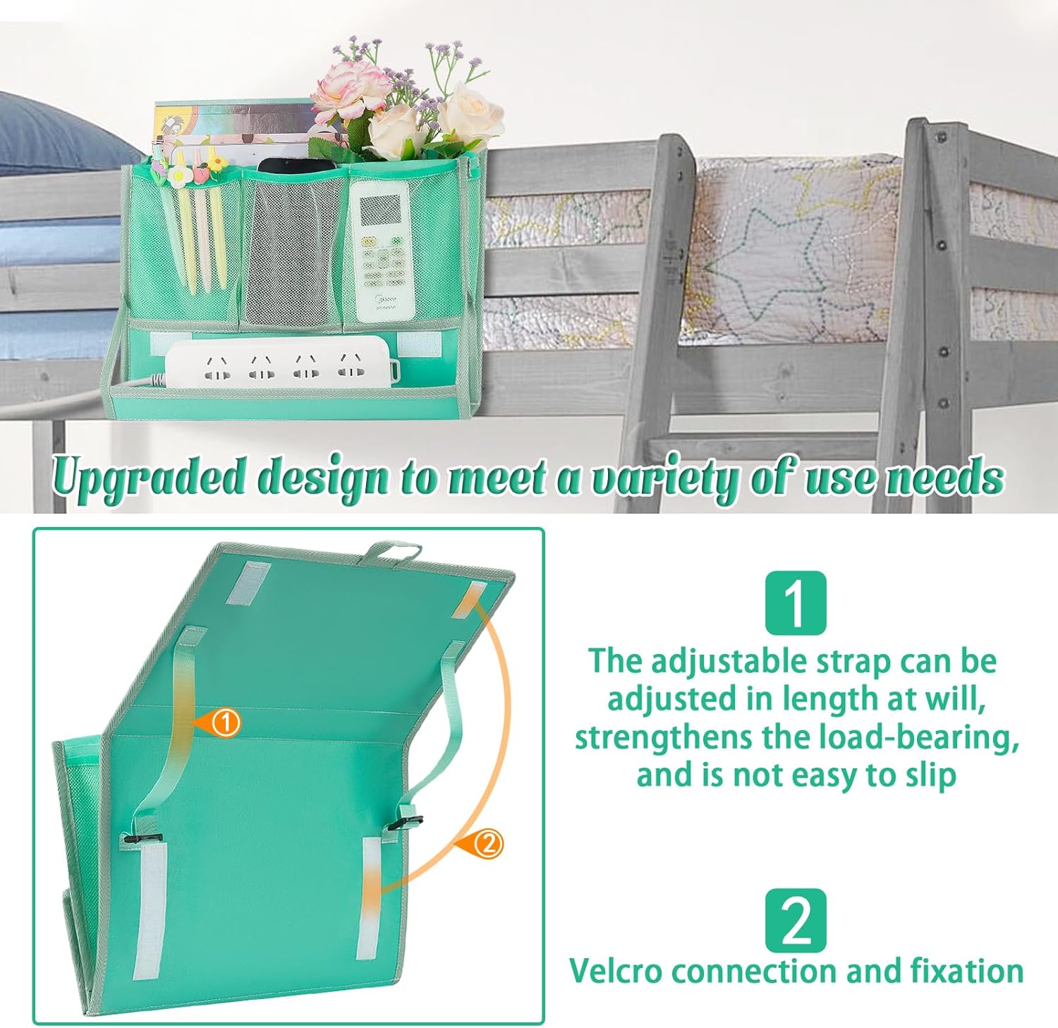 Bedside Caddy Bedside Storage Organizer Bedside Organizer with Power Strip Holder and 2 Adjustable Straps for Home Bunk Bed College Dorm Sofa (Green)