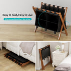 Bamboo Luggage Rack with 4 Storage Compartments, Foldable Suitcase Stand for Guest Room, 150lbs Capacity, Sturdy, Space-Saving and Easy to Assemble Organizer