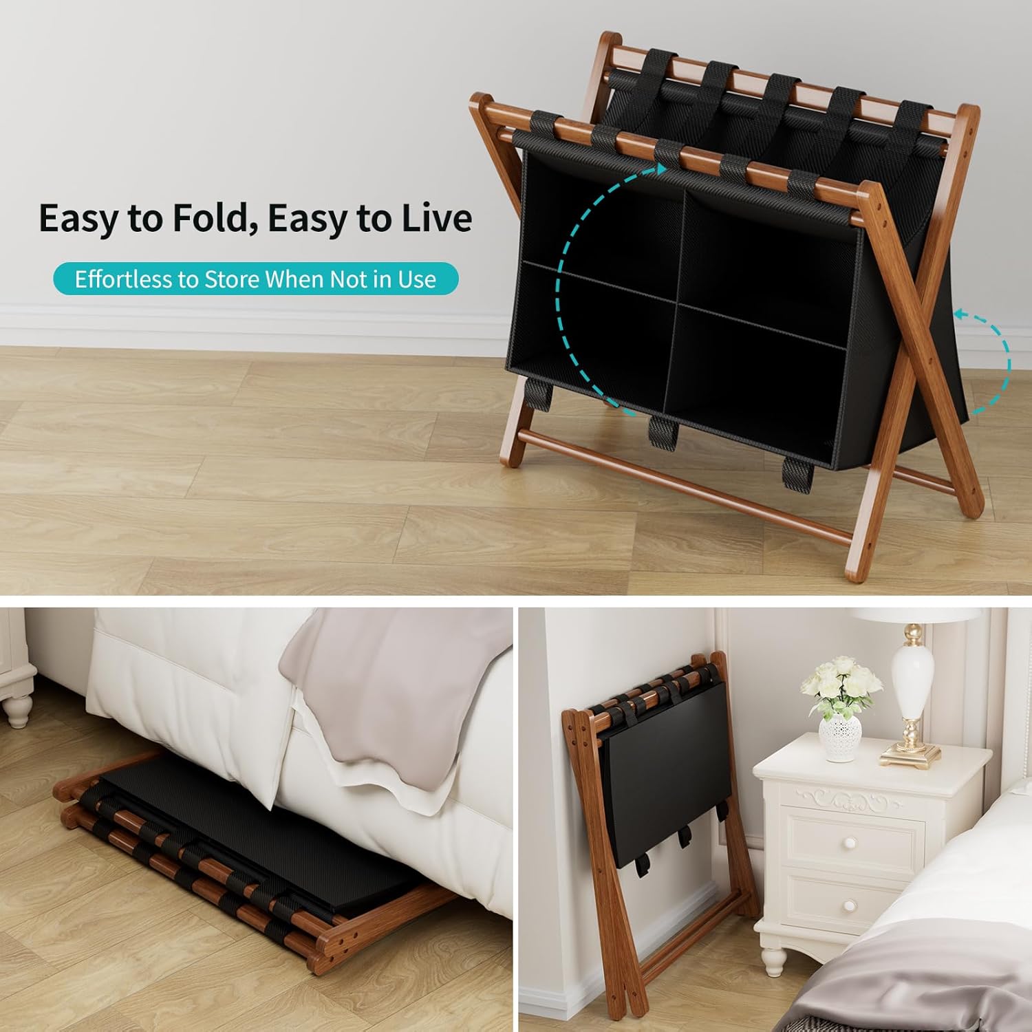 Bamboo Luggage Rack with 4 Storage Compartments, Foldable Suitcase Stand for Guest Room, 150lbs Capacity, Sturdy, Space-Saving and Easy to Assemble Organizer