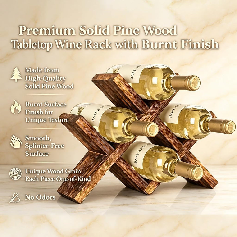 Premium Pinewood Wine Rack, Elegant 4-Bottle Countertop Wine Holder with Cros...