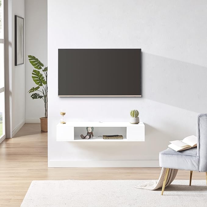 GHC Floating TV Stand, Wall Mounted Entertainment Center and Cabinet Shelf, Media Console for DVD Player, Space-Saving Under TV Shelf for Bedroom, Living Room (White)