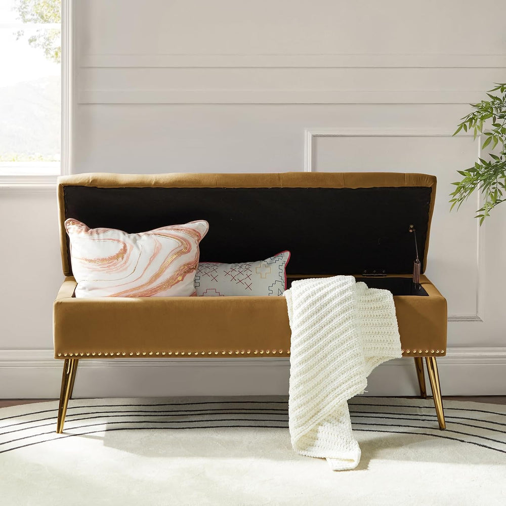 HULALA HOME Modern Velvet Storage Ottoman Bench with Gold Base & Nailhead...