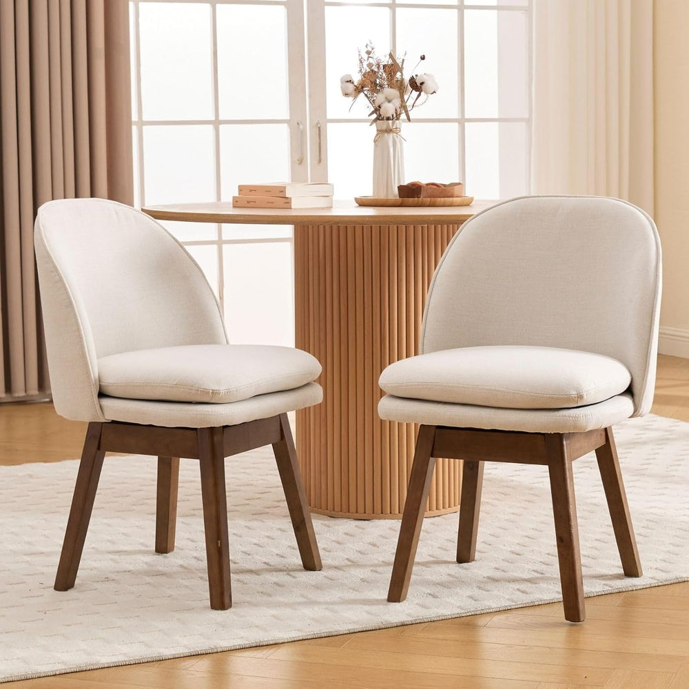 ROCITY Swivel Dining Chairs Set of 2, Beige Linen Kitchen Chairs with Solid W...