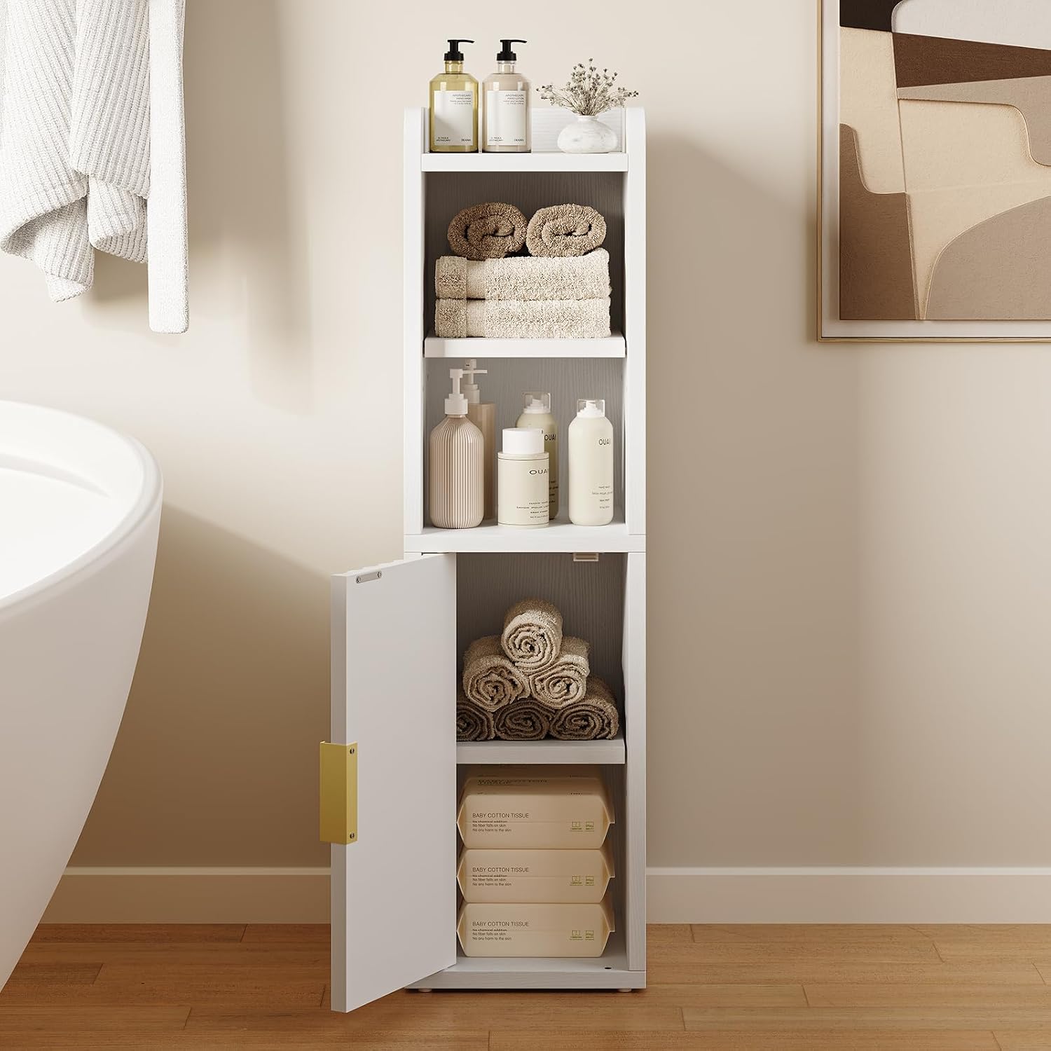Yoobure Fluted Small Bathroom Storage Cabinet, Narrow Toilet Paper Cabinets | 7.9" D x 7.9" W, Wood Slim Corner Floor Cabinet with Door& Adjustable Shelf, Skinny Bathroom Organizer for Small Spaces,White