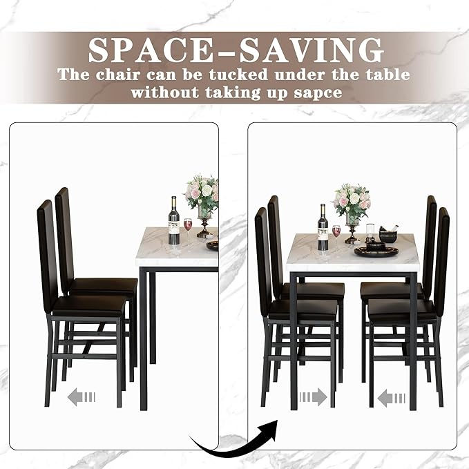 Hooseng Dining Table Set for 4, Modern Faux Marble Kitchen Table with 4 PU Leather Chairs, 5 Piece Dining Room Sets for Dinette, Breakfast Nook, Black
