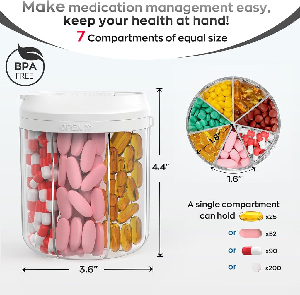 Pill Dispenser with 7 Large Compartments, 4.4" H x 3.6" Dia Pill Bottle Organizer for Travel, Supplement Organizer with Anti-Mixing Design, BPA-Free Pill Container with 20 Pcs Labels, Beige