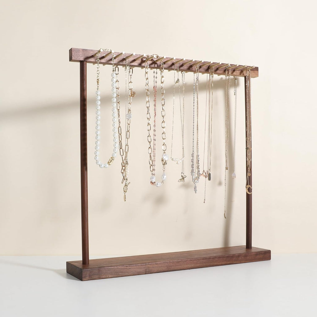 GemeShou Large necklace hanger shelf with 17 copper bars, Wooden jewelry storage organizer rack for hanger necklace bracelet, necklace display stand for boutique store【Walnut】