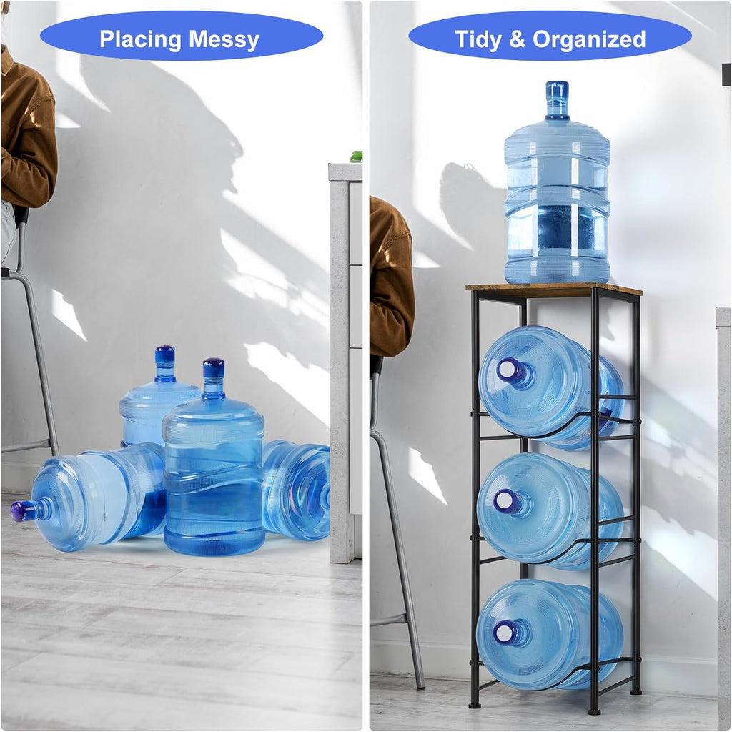 5 Gallon Water Bottle Jug Holder 3-Tier Water Bottle Holder Organizer with Top Shelf, Heavy Duty Water Dispenser Stand Rack for Kitchen Living Room Office, Rustic Brown