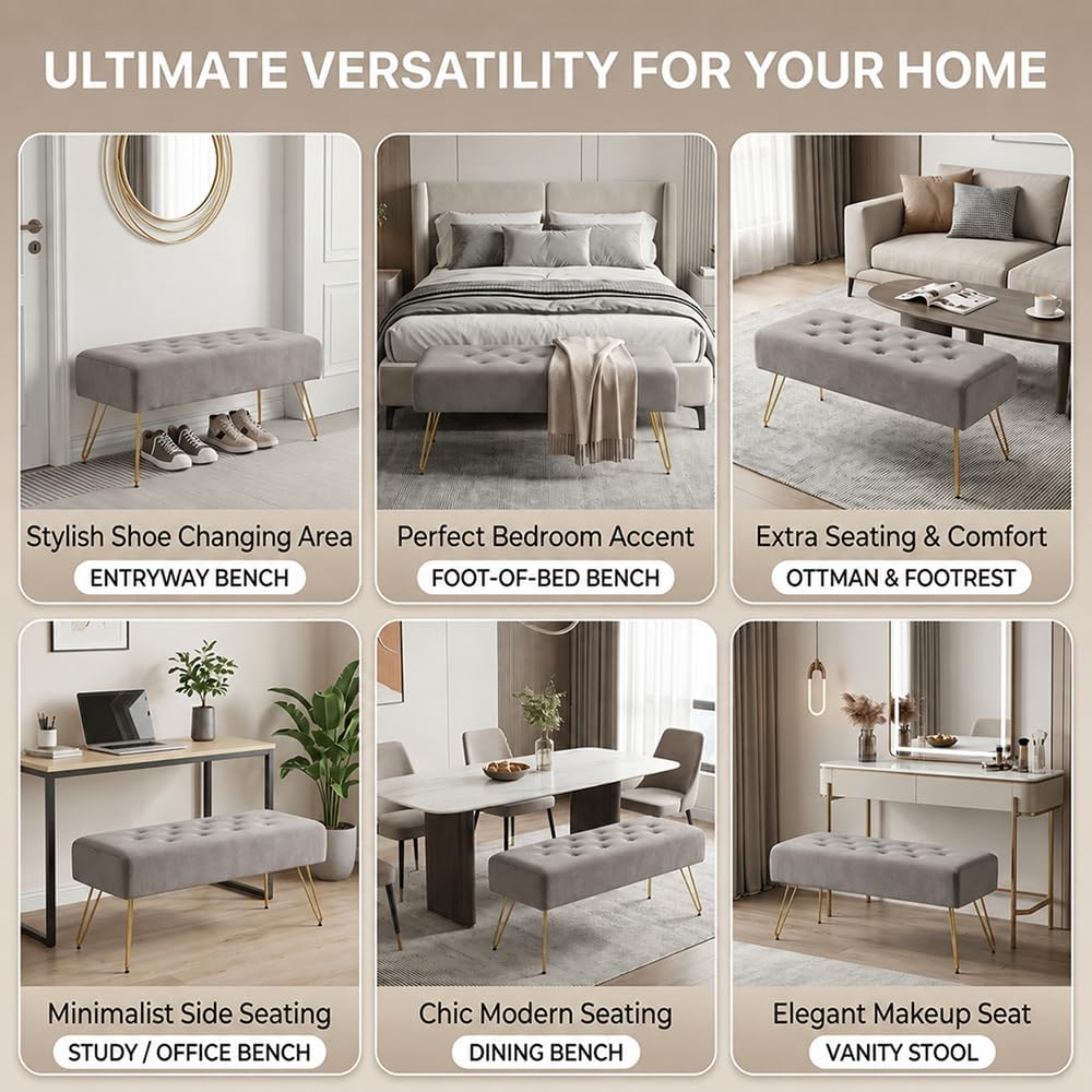 Velvet Button-Tufted Entryway Bench, 39.37" Modern Upholstered Bedroom B...