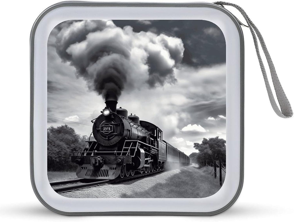 Steam Train Clouds CD Case with Zipper 40 Capacity DVD Case Holder Hard Plastic DVD Disc Storage Box Portable Disc Storage Organizer CD Wallet Bag Media Disc Wallet for Car Home