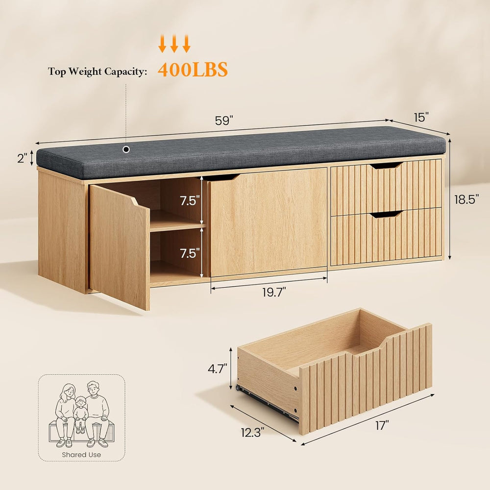 59" Storage Bench with Drawer, 2-Tier Shoe Bench with Doors, Long Entryw...