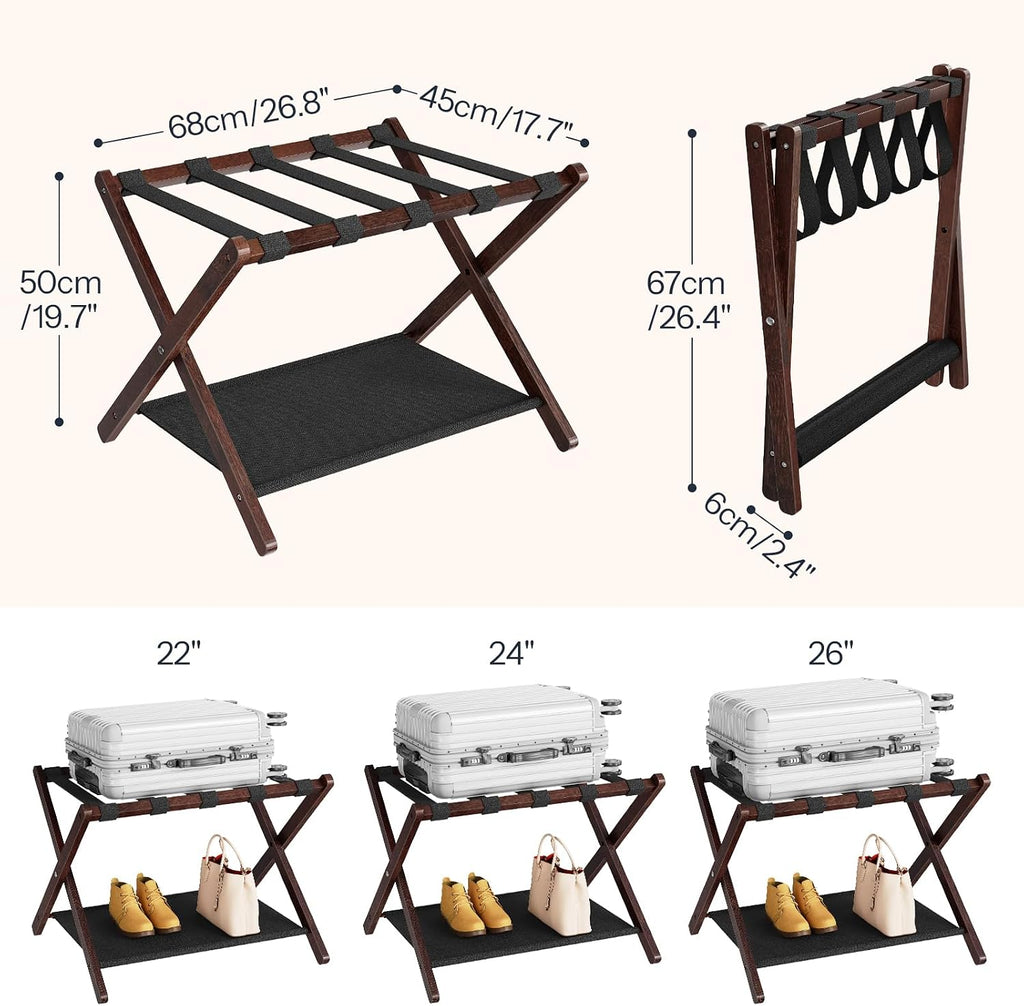 HOOBRO Luggage Racks, Set of 2 Folding Luggage Holders, Bamboo Suitcase Stands, with Nylon Straps and Oxford Fabric Shelf, for Guest Room, Hotel, Bedroom, Brown and Black BR17XLP201G1