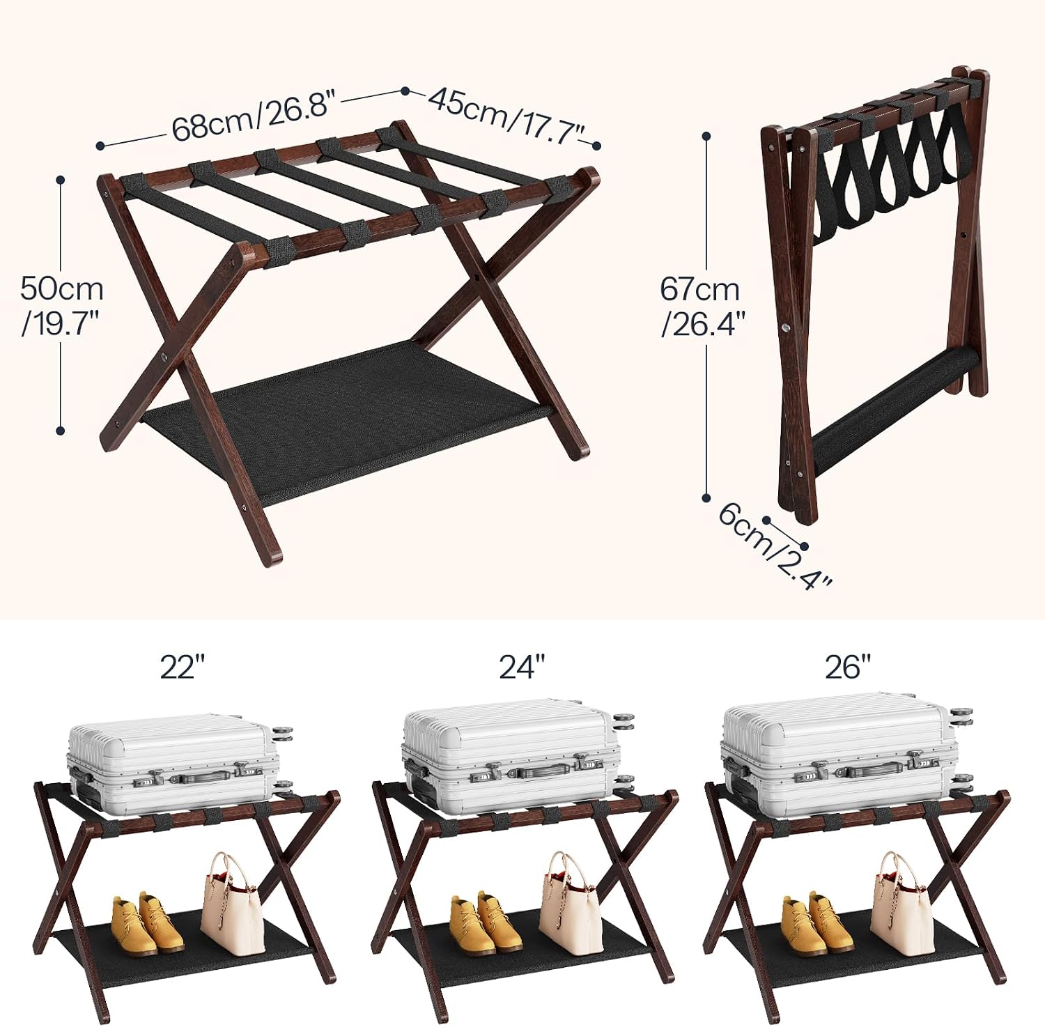 HOOBRO Luggage Racks, Set of 2 Folding Luggage Holders, Bamboo Suitcase Stands, with Nylon Straps and Oxford Fabric Shelf, for Guest Room, Hotel, Bedroom, Brown and Black BR17XLP201G1
