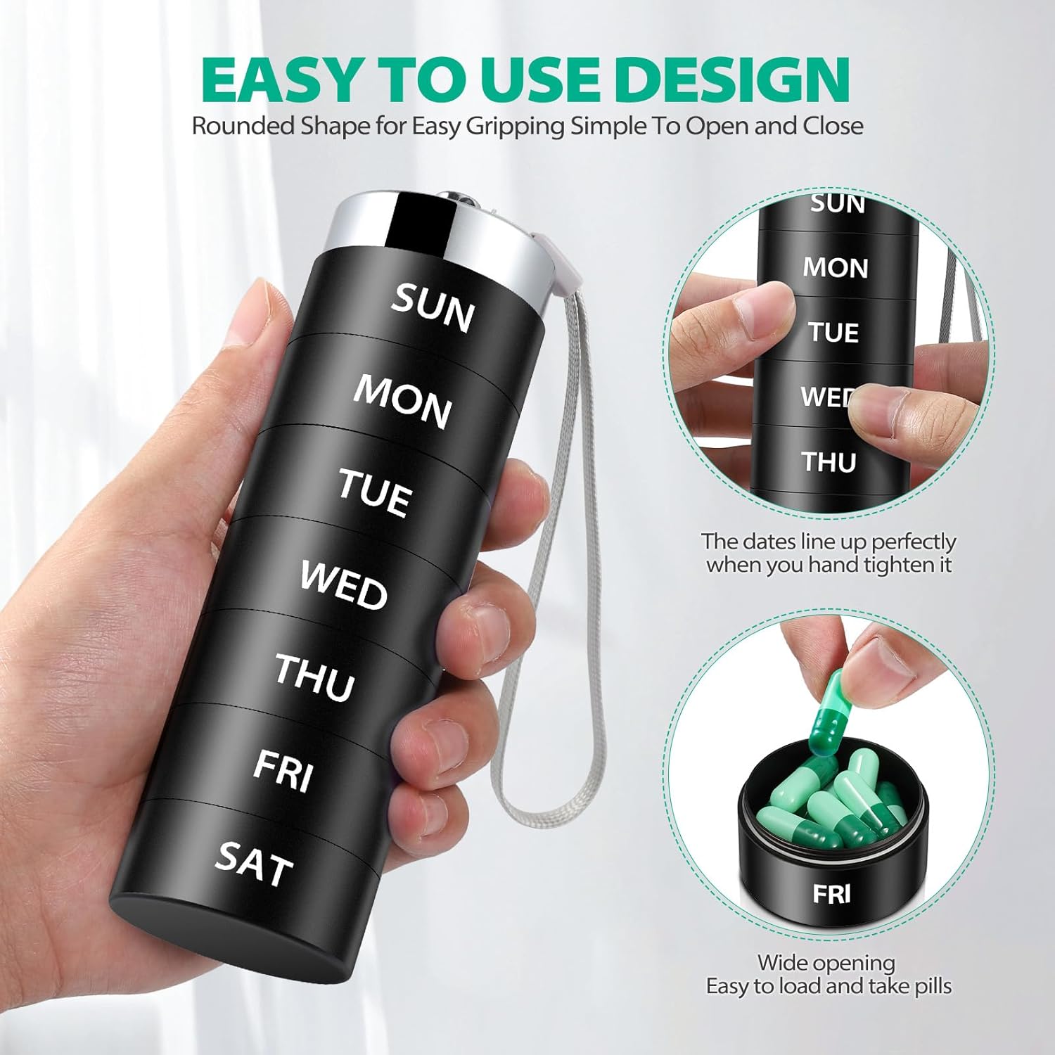 Metal Travel Pill Organizer, Large Weekly Pill Box, Portable Aluminum Alloy Waterproof Container, 7 Day Daily Medicine Organizer Holder for Vitamin, Fish Oil, Supplement, Black