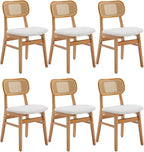 Rattan Dining Chairs Set of 6 White Lambswool Dining Room Chairs Natural Wooden Kitchen Chairs Farmhouse
