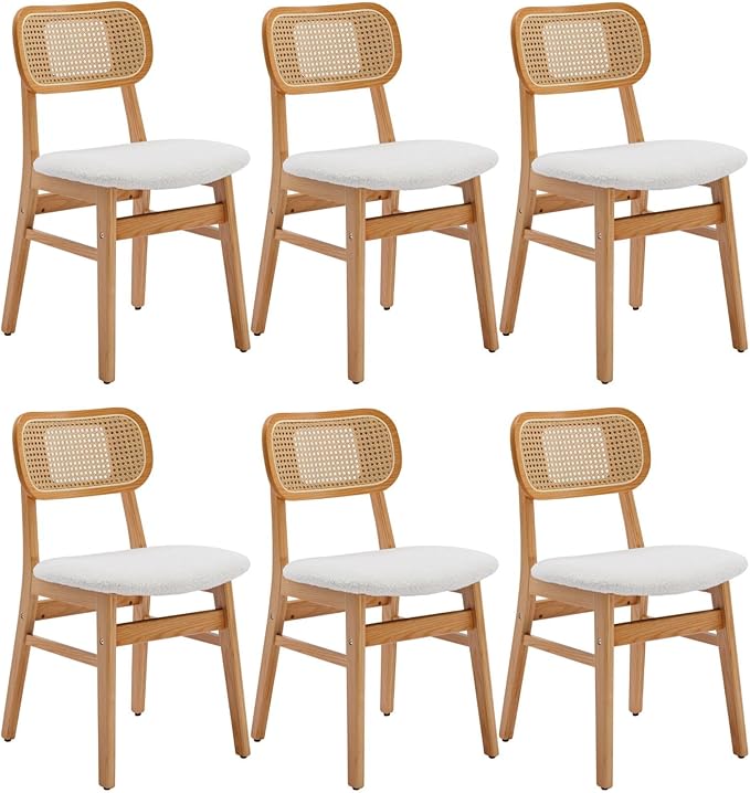 Rattan Dining Chairs Set of 6 White Lambswool Dining Room Chairs Natural Wooden Kitchen Chairs Farmhouse