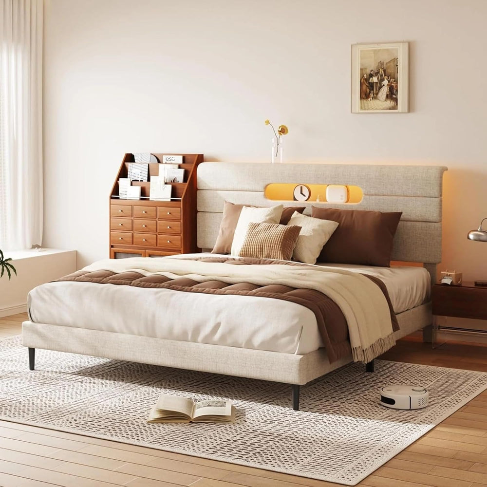Sismplly Full Bed Frame with Linen Headboard, Platform Bed Frame with Upholst...