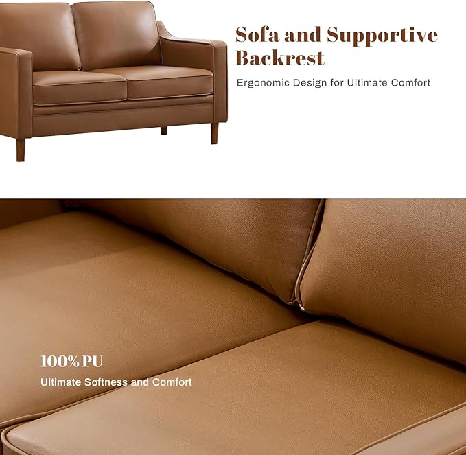 Kingfun 56" Faux Leather Sofa, Loveseat Couch, Mid Century Modern Love Seat Couches with Solid Wood Frame for Living Room & Bedroom, Brown
