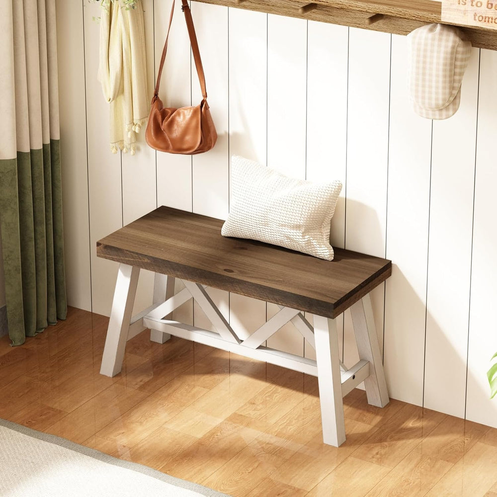 Wnutrees 30" Farmhouse Solid Wood Bench, Rustic Entryway Bench, White | ...