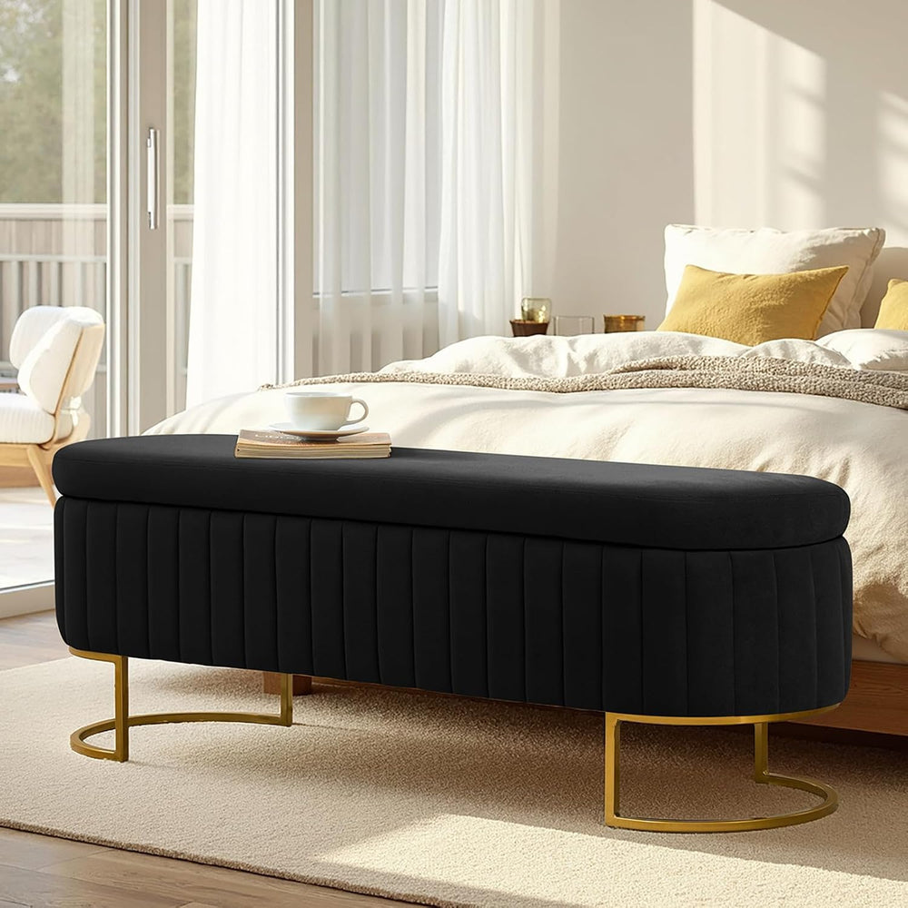 55.5" Velvet Upholstered Storage Bench with Channel Tufted Seat and Meta...