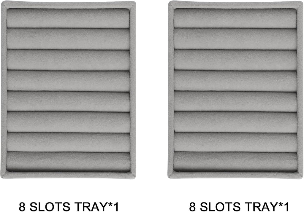 Frebeauty Small Jewelry Tray Set,Velvet Ring Organizer,Stackable Jewelry Organizer Tray,Mini Jewelry Drawer Organizer,4.92 x 3.74 x 0.9 Inches,7 Slots Ring Tray for Women(Set 2,Grey)