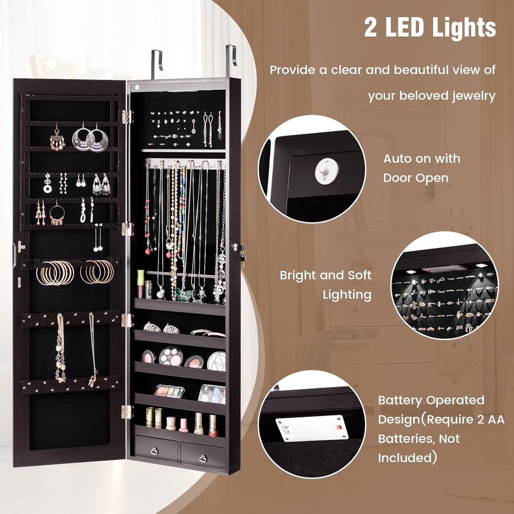 HAPPYGRILL Over the Door Jewelry Organizer, Hanging Jewelry Storage Cabinet w/Full-Length, Inner Makeup Mirror, Earring Shelves, Ring Slots, 25 Necklace Hooks, Wall Mounted Jewelry Armoire for Women