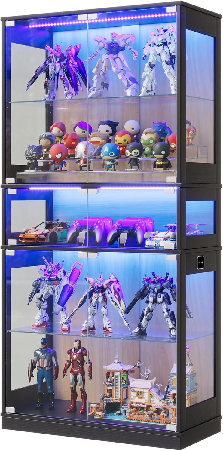Display Cabinet with Glass Doors & LED Lights, 5 Tier Lighted Display Cas...