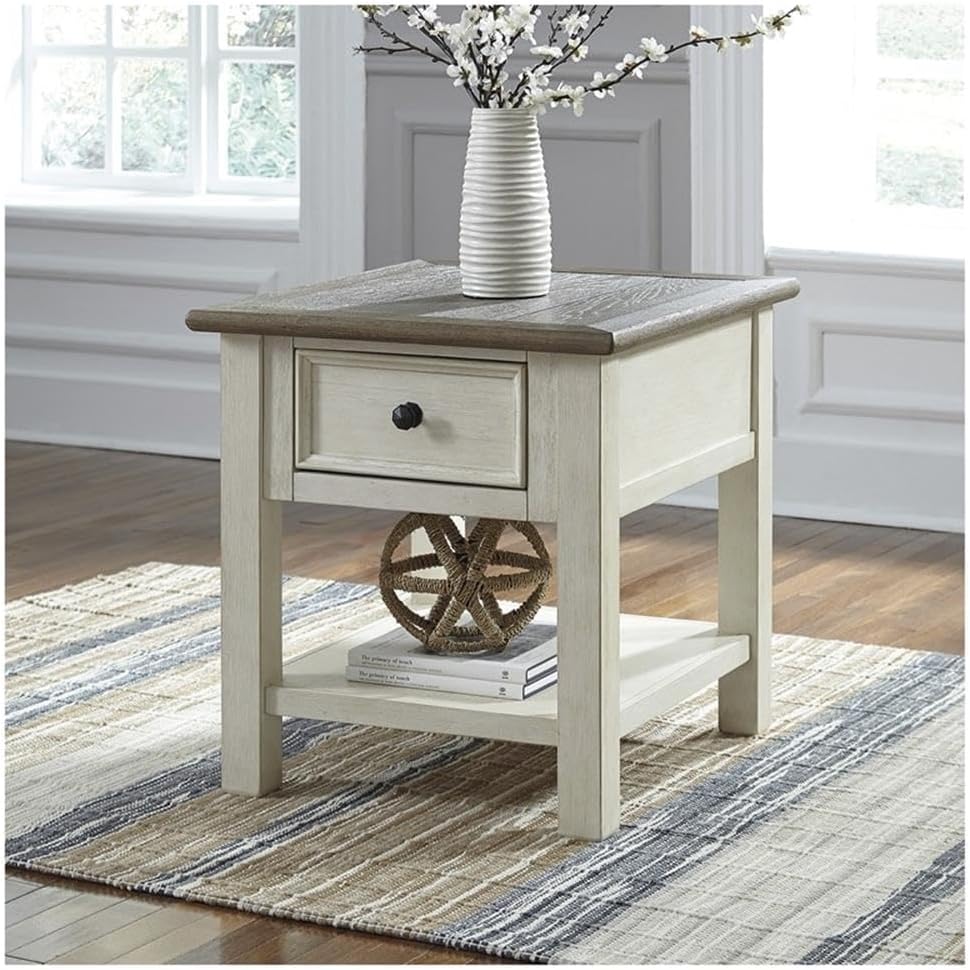 BOWERY HILL 2-Piece End Table Set in Antique White and Weathered Oak