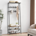 Amyove Coat Rack Shoe Bench with 10 Hooks, Hall Trees Entryway Bench with Storage, Multifunctional Hallway Organizer, Wood Look Accent Furniture with Metal Frame