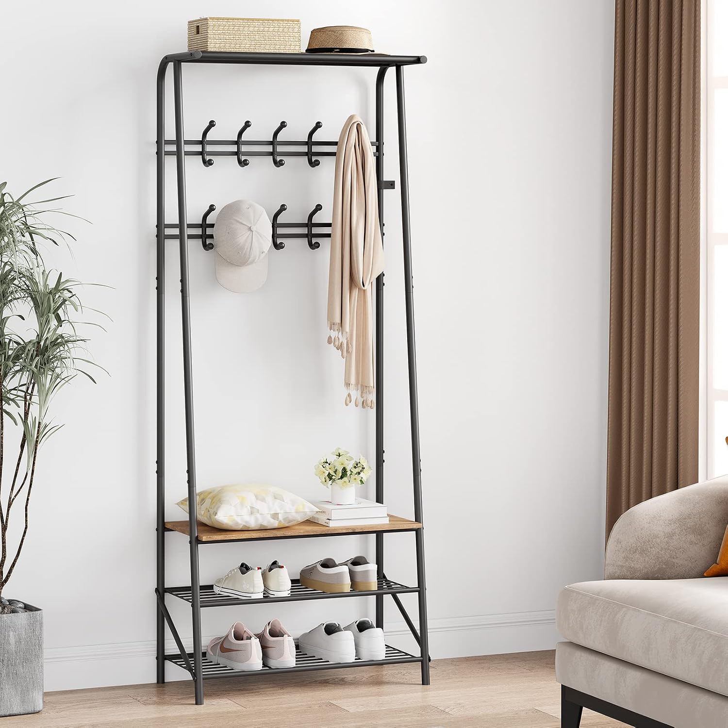 Amyove Coat Rack Shoe Bench with 10 Hooks, Hall Trees Entryway Bench with Storage, Multifunctional Hallway Organizer, Wood Look Accent Furniture with Metal Frame