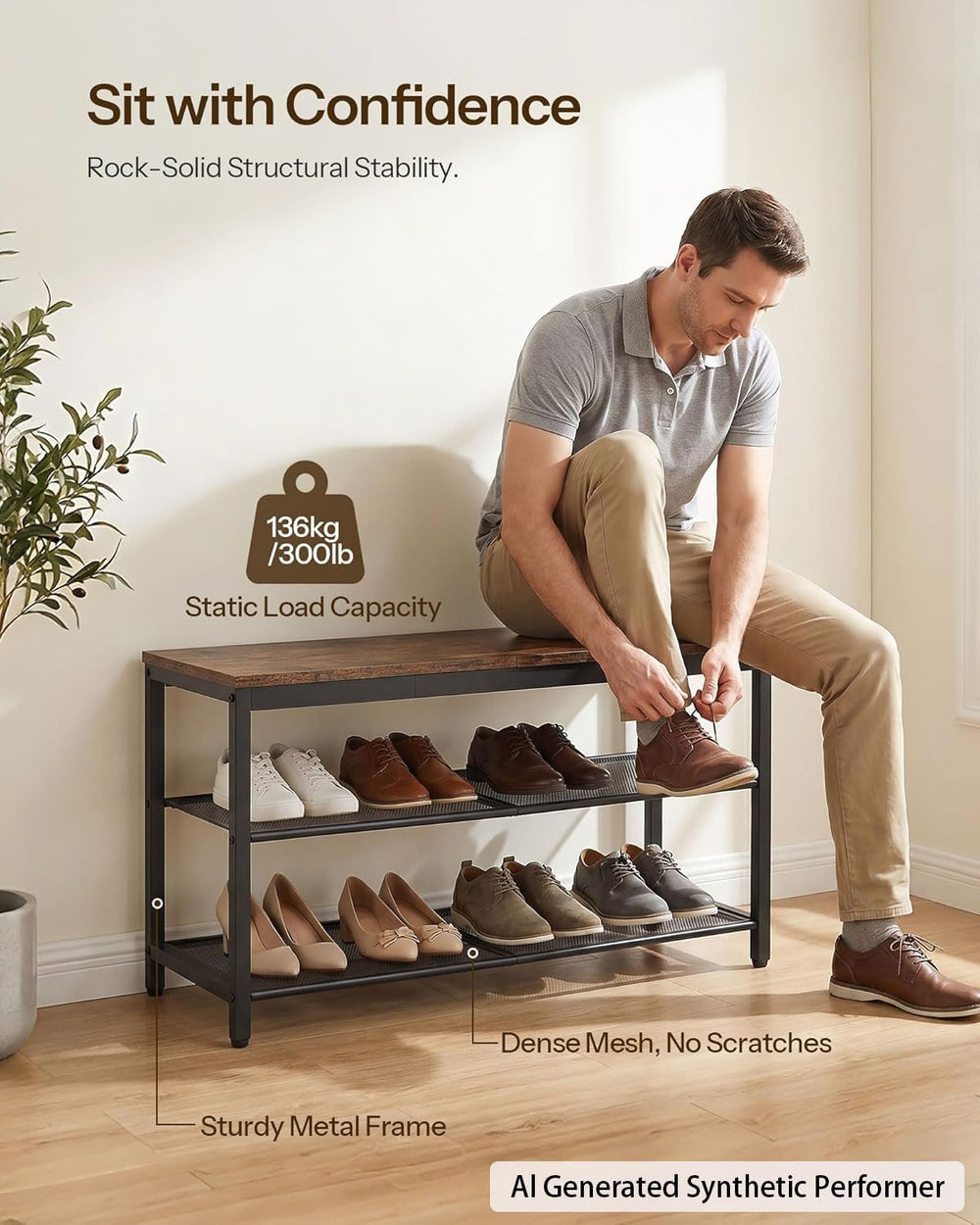 HOOBRO Shoe Bench, 3-Tier Shoe Rack, Industrial Shoe Organizer Storage Bench,...