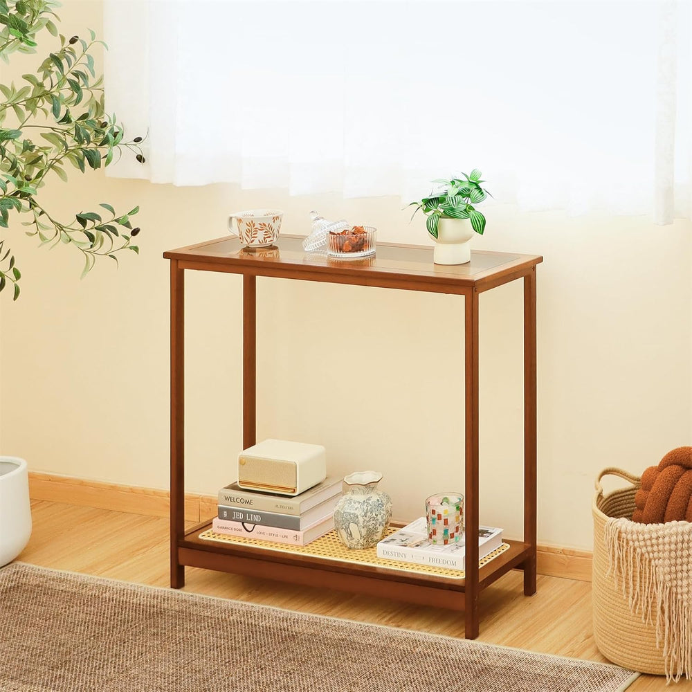 Bamboo Narrow Console Table, 31.5"(L) Wood Small Entryway Table with Rat...