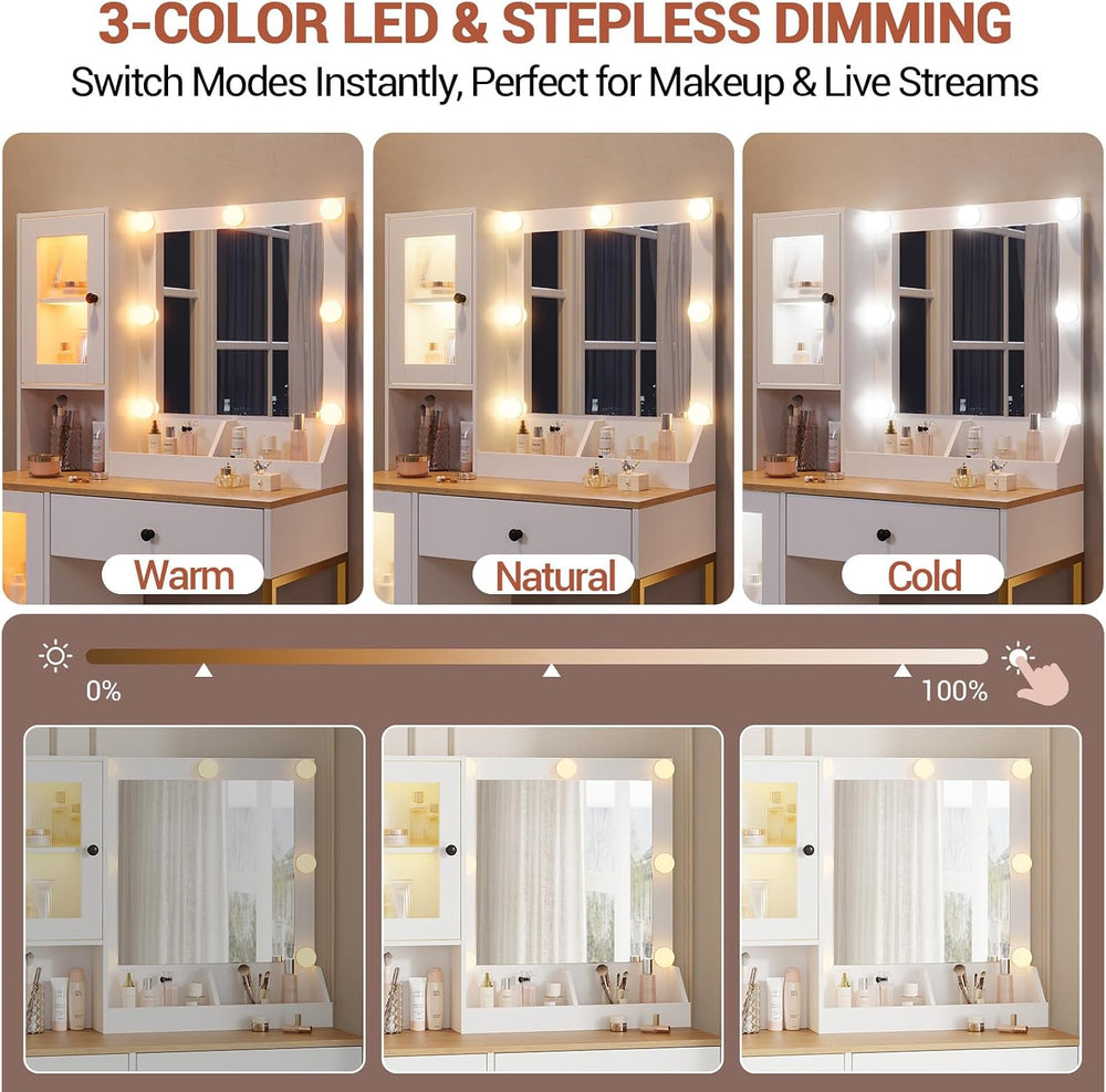 IDEALHOUSE Makeup Vanity Desk with Mirror and Lights, Vanity Table with Charg...