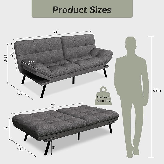 Convertible Futon Sofa Bed,Grey Linen Modern Futon Couch,Memory Foam Loveseat Sleeper Recliner,Detachable Cushion,Adjustable Backrest & Armrest,Couch for Living Room,Office,Apartment