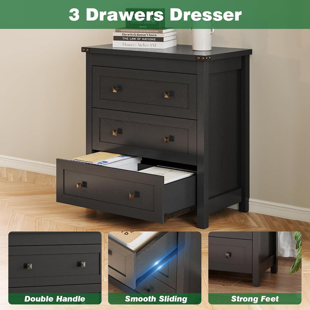 Xixini Farmhouse Nightstand with 3 Storage Drawers, 27.55" Wide Wood Bed...