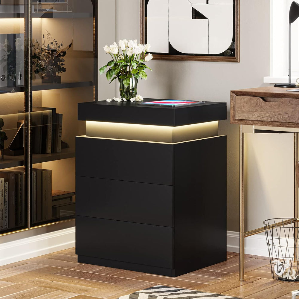 ADORNEVE Black Nightstand with Charging Station and LED Lights | Modern Night...
