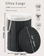 Laundry Basket with Lid Round Rattan Laundry Hamper with Lid and Handles 29.1 Gal (110 L) Handwoven Woven Basket with Removable Bags and 2 Mesh Bags for Bathroom Living Room Black