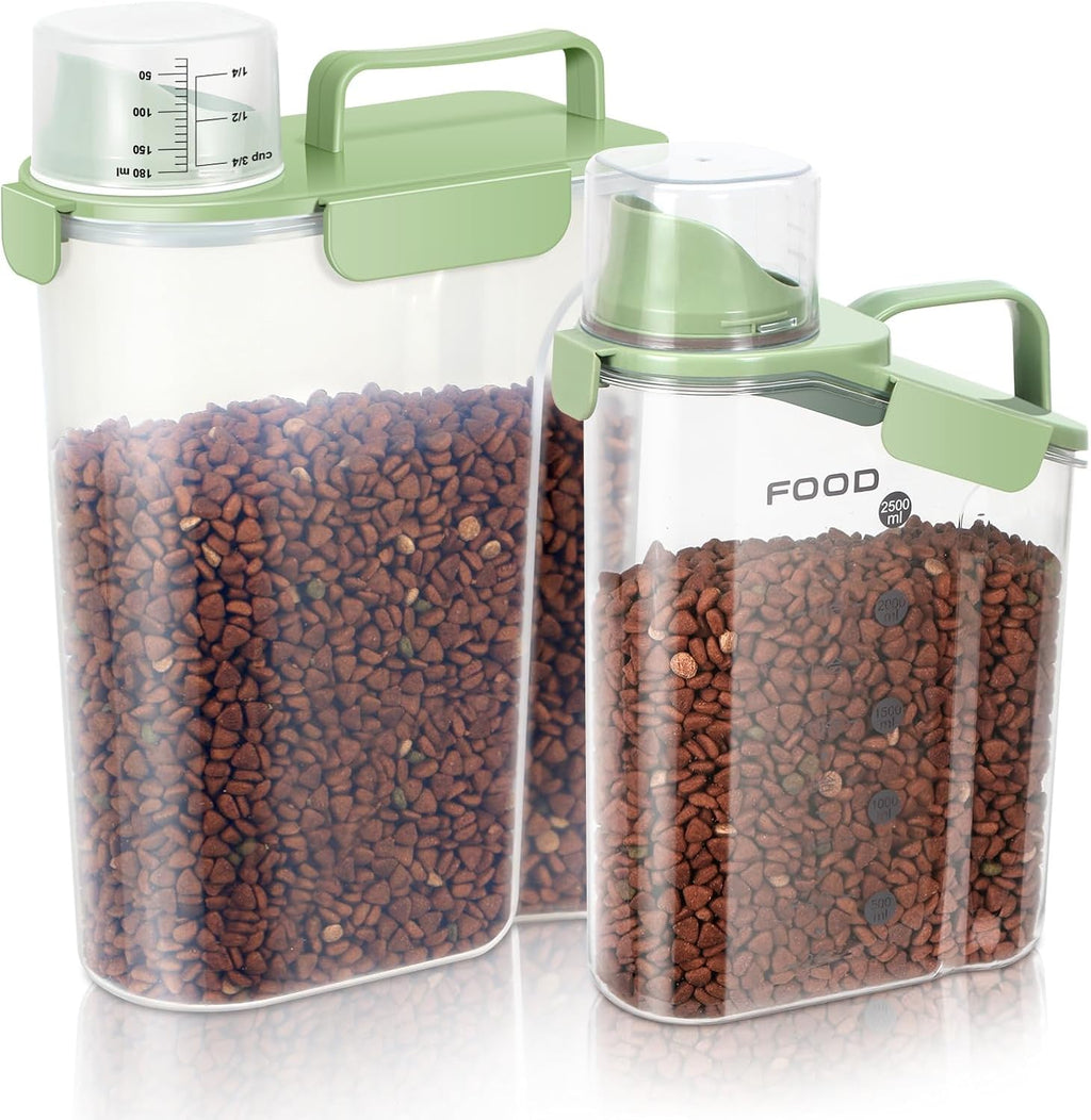 5-7Lbs Dog Cat Food Storage Container with Upgraded Large Nozzle BPA-free, 4 Snap Seals Plastic Pet Food Storage Containers with Handles (Green x 2, (5L+3L) 2pack)