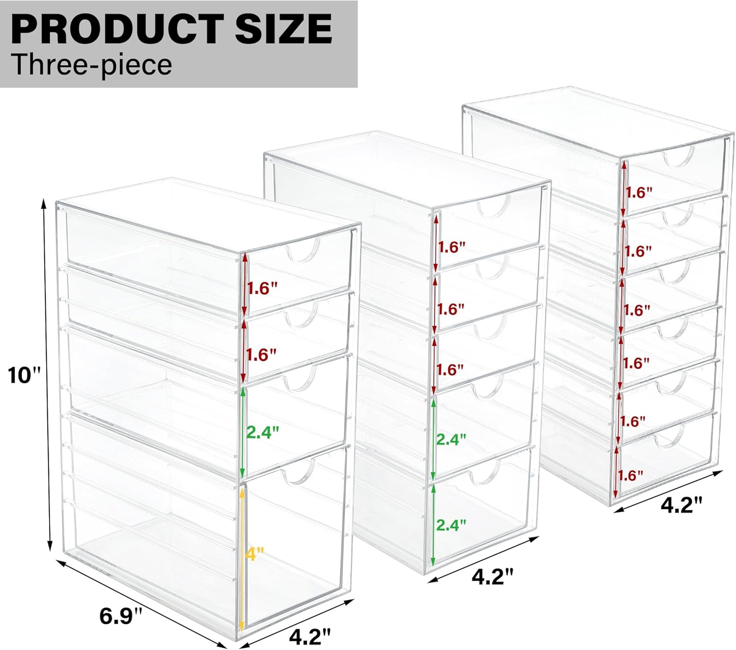Prsildan Acrylic Drawer Organizer with 15 Drawers, Makeup Craft Office Desk Organizers Accessories, Set of 3 Clear Stackable Storage Drawers for Vanity, Countertop, Jewelry, Art Supply Organization
