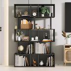 Furologee 6 Tier Bookshelf Tall Geometric Bookcase, S Shaped Industrial Display Standing Shelf, Metal and Wood Decorative Storage Room Divider Rack for Bedroom, Living Room, Office, Light Black Oak
